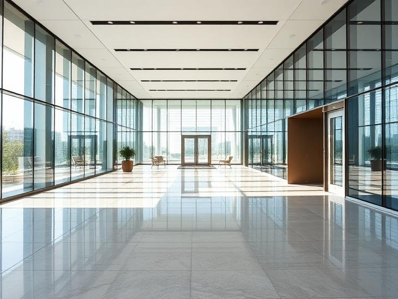 Immaculate commercial lobby with polished stone floors